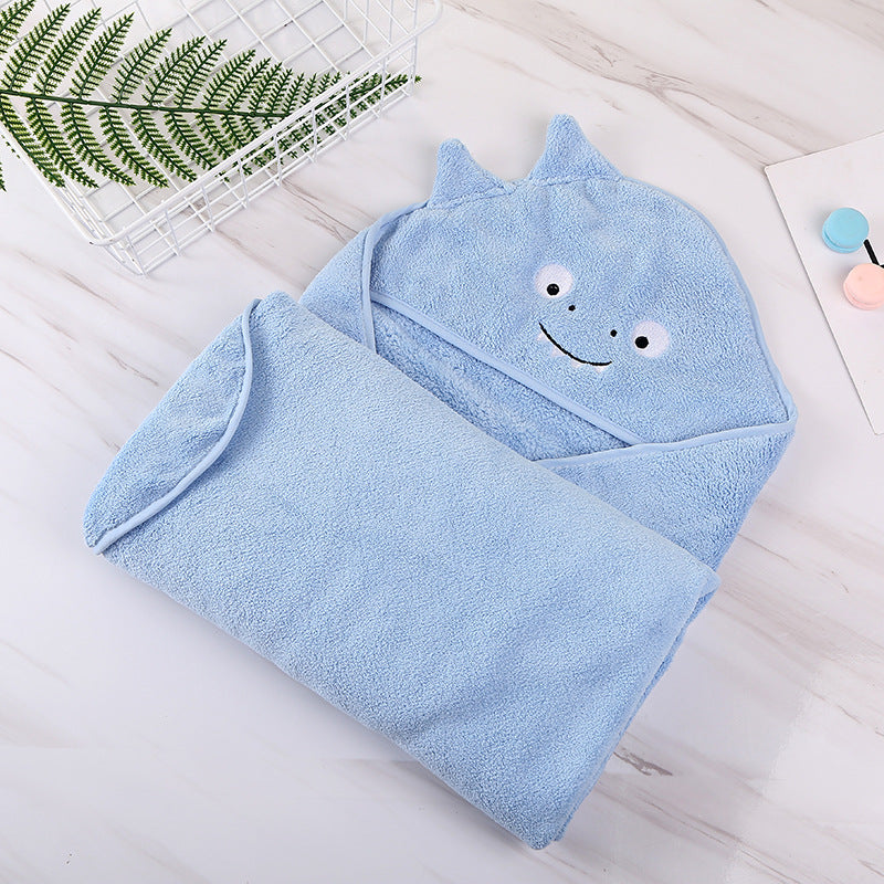 Plush Coral Fleece Hooded Towel - Blue Dino