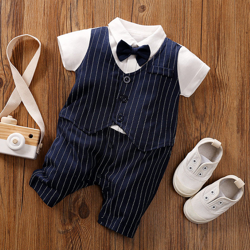 Tuxedo Romper - Navy Stripe