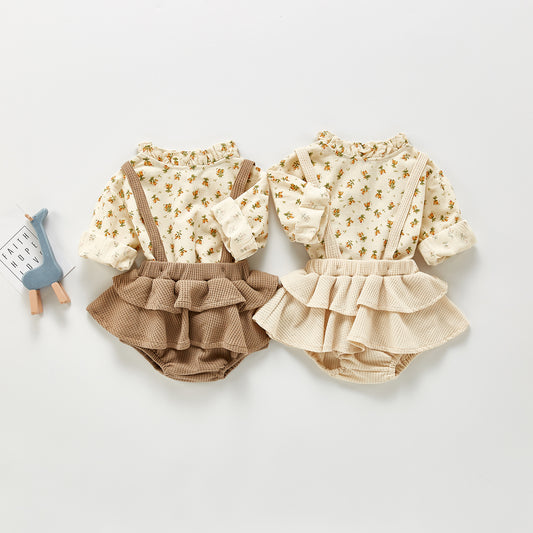 Waffle knit suspender skirt and floral blouse Set - Beige