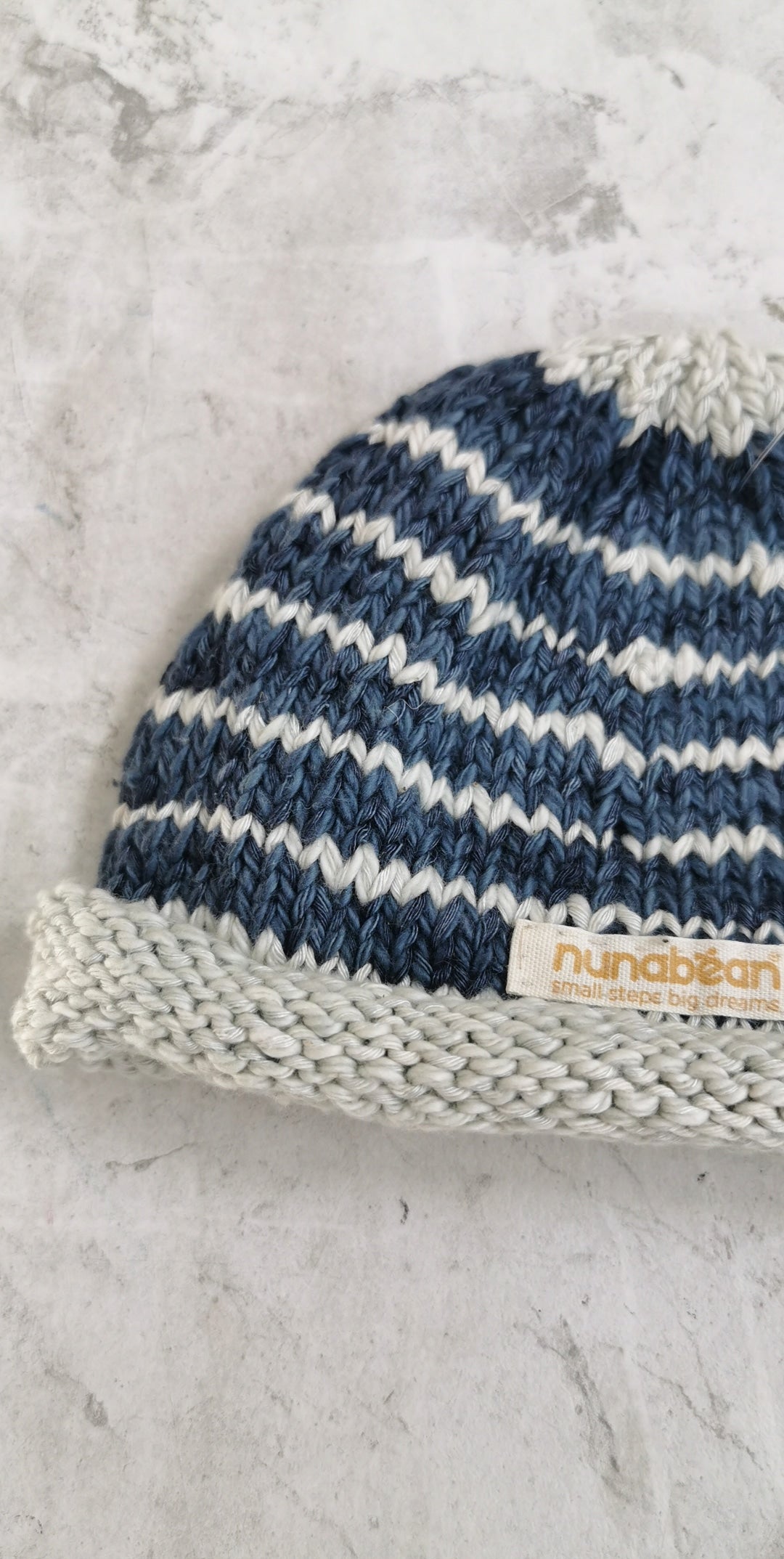 Nunabean - Knitted Eco-Beanie - Cloud + Midnight Stripes