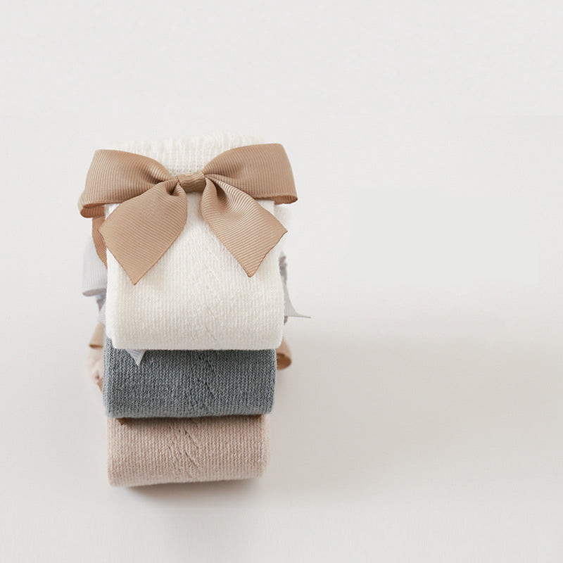 Knee High Pointelle Bow Socks - White