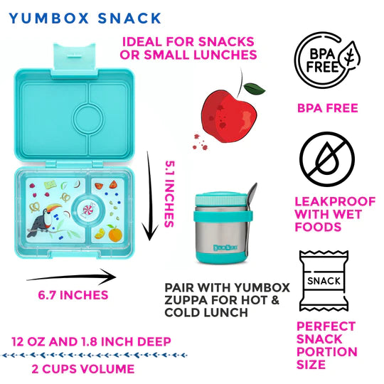 Yumbox Snack Lunch Box | Misty Aqua with Toucan Tray | Mini Bento Box for Kids