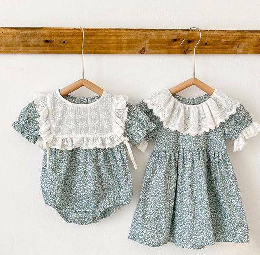 Claire Romper with Lace Bib Overlay