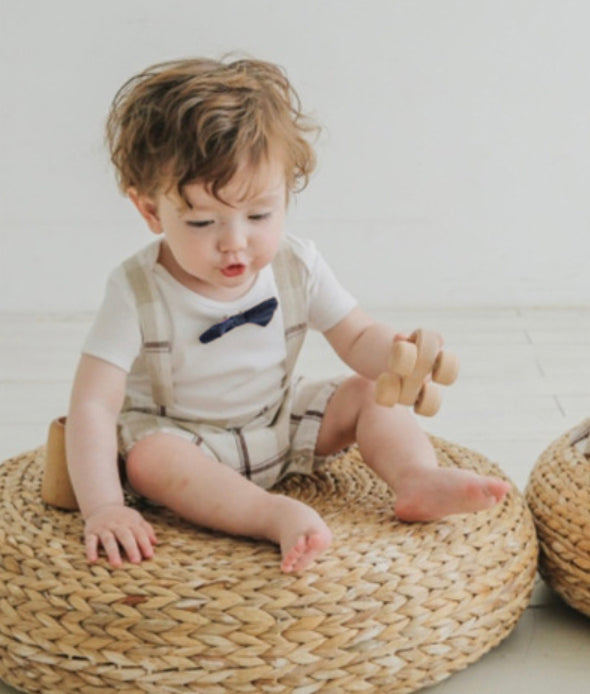 George Romper -Beige with Navy Bowtie