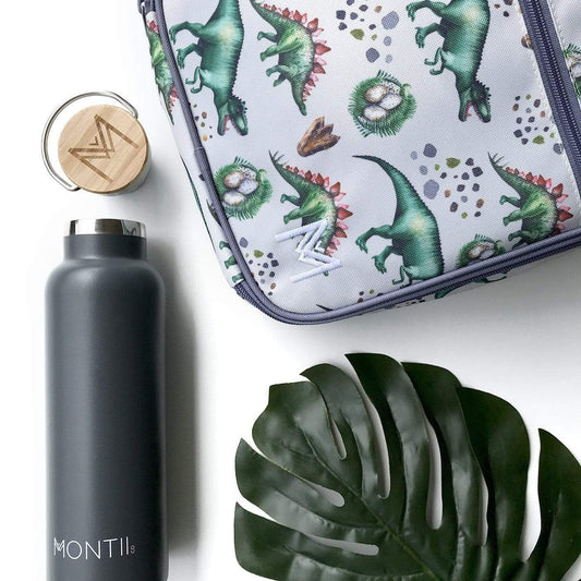 MontiiCo Insulated Lunch Bag & Ice Pack - Dinosaur Print - White & Green