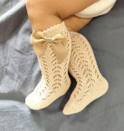 Bow Knee High Crochet Socks - White