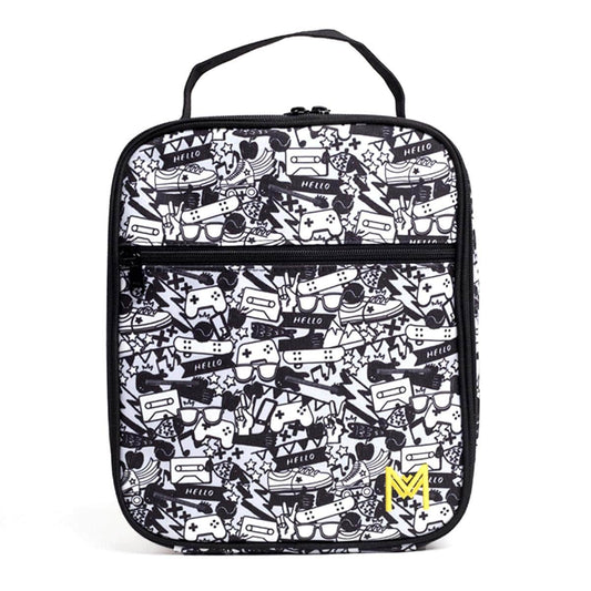 MontiiCo Insulated Lunch Bag + Ice Pack - Street Black & White - Large for Kids and Teens