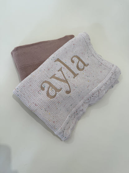 Scalloped Edge Knitted Blanket - Light Pink