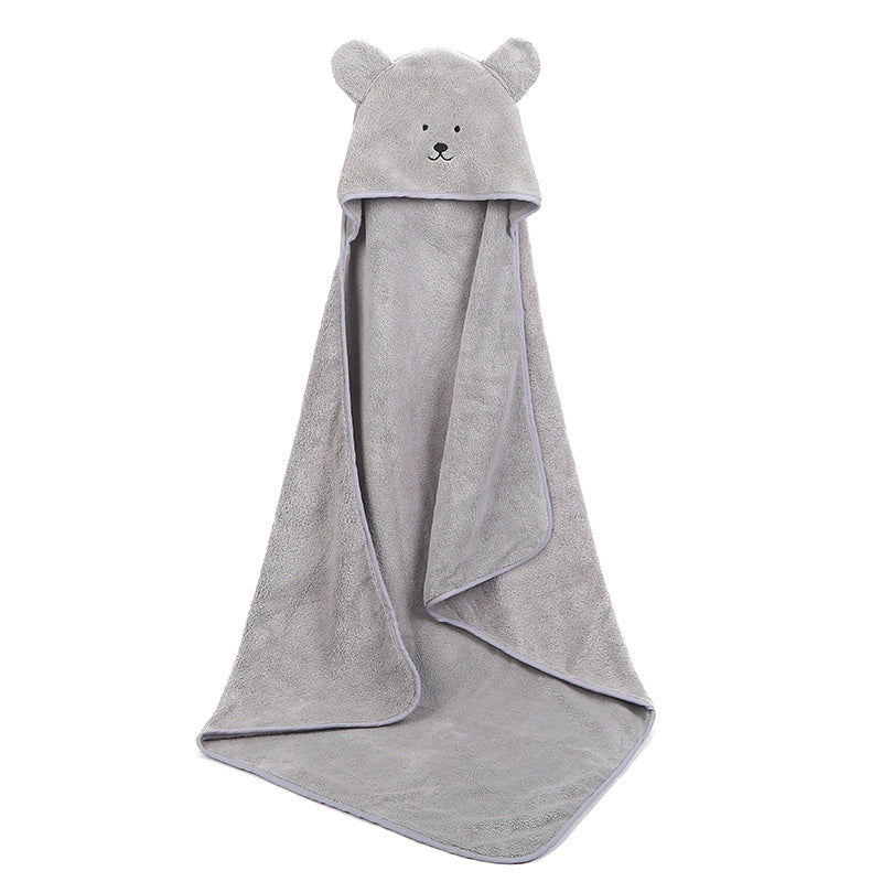 Plush Coral Fleece Hooded Towel - Grey Bear