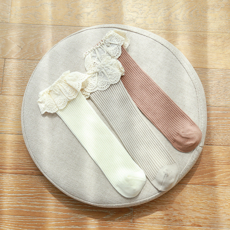 Lace edged Cotton Rib Socks - Cream