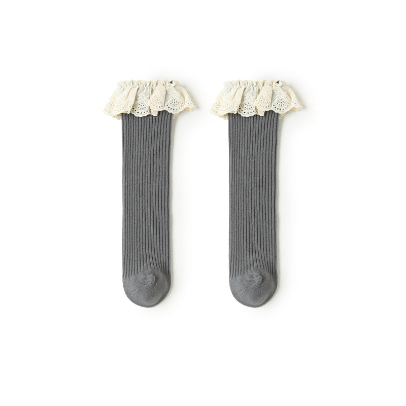 Lace edged Cotton Rib Socks - Grey
