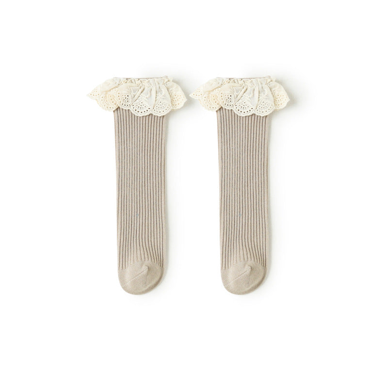 Lace edged Cotton Rib Socks - Beige