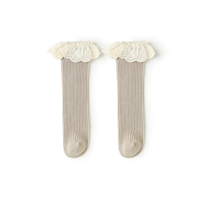 Lace edged Cotton Rib Socks - Beige