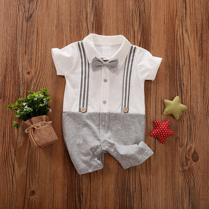Suspender Effect Romper - Grey and White