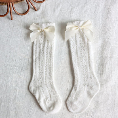 Bow Knee High Crochet Socks - White