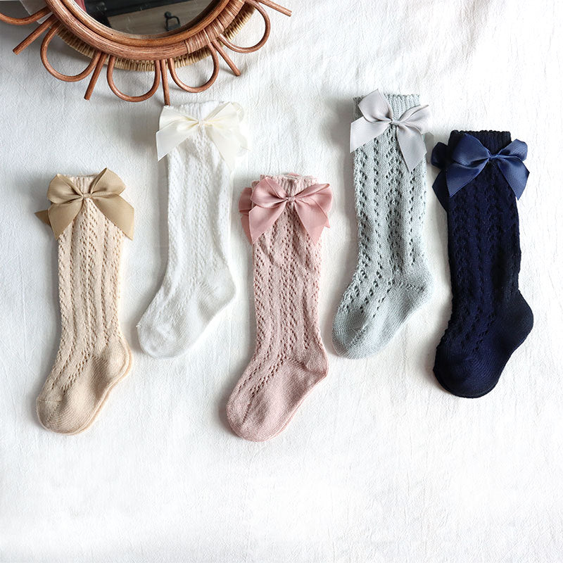 Bow Knee High Crochet Socks - Beige