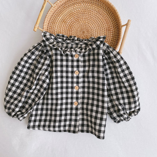 Frill collar cotton shirt - Black and white check