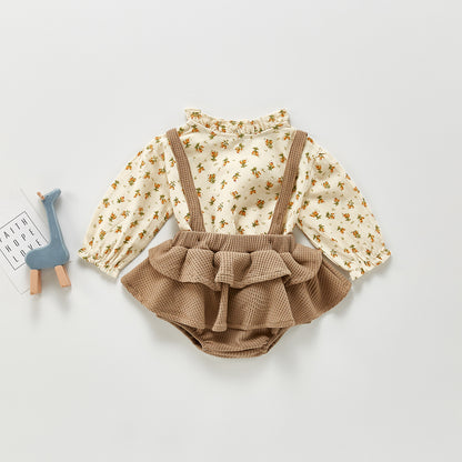 Waffle knit suspender skirt and floral blouse Set - Beige