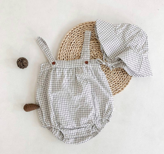 Oliver Romper and Sunhat Set - White with grey check