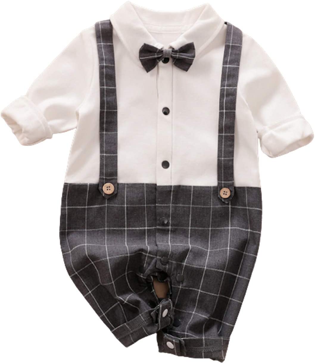 Long Sleeved Checkered Suspender Romper - Grey