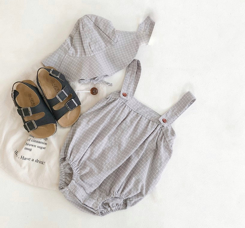 Oliver Romper and Sunhat Set - Grey with white check