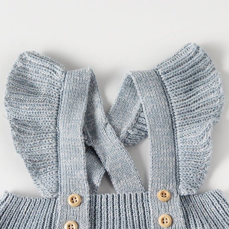 Isla Flutter Sleeve Knit Suspender Romper - Blue