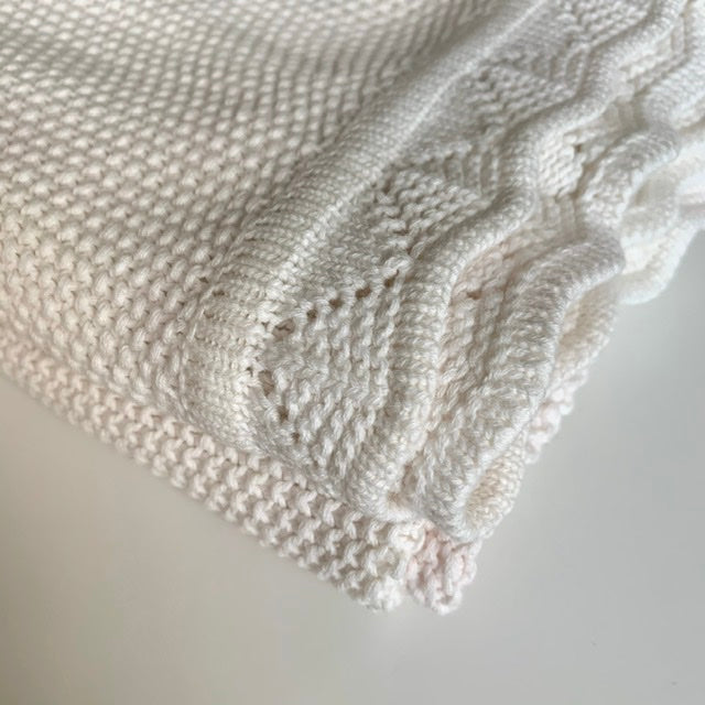 Scalloped Edge Knitted Blanket - White