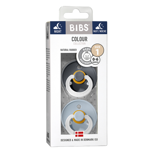 BIBS Natural Latex Pacifier 2 Pack - Glow in the Dark Iron Night/Baby Blue Night Size 1