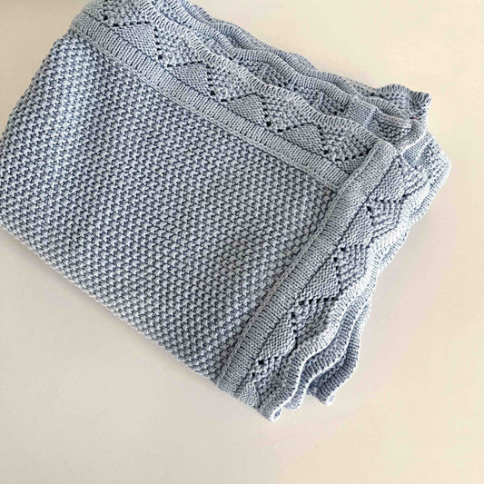 Scalloped Edge Knitted Blanket - Baby Blue