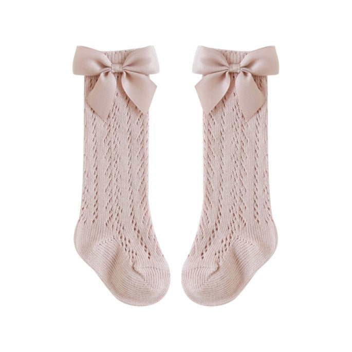 Summer Bow Knee High Crochet Socks - Blush