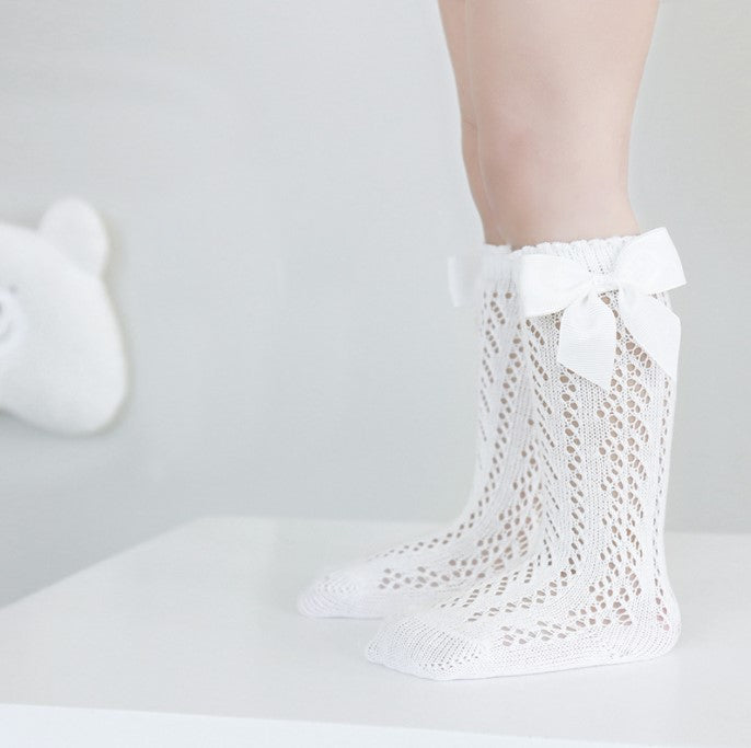 Summer Bow Knee High Crochet Socks - White