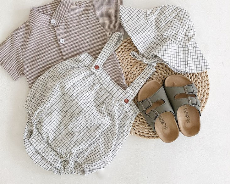 Oliver Romper and Sunhat Set - White with grey check