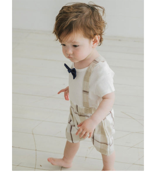 George Romper -Beige with Navy Bowtie