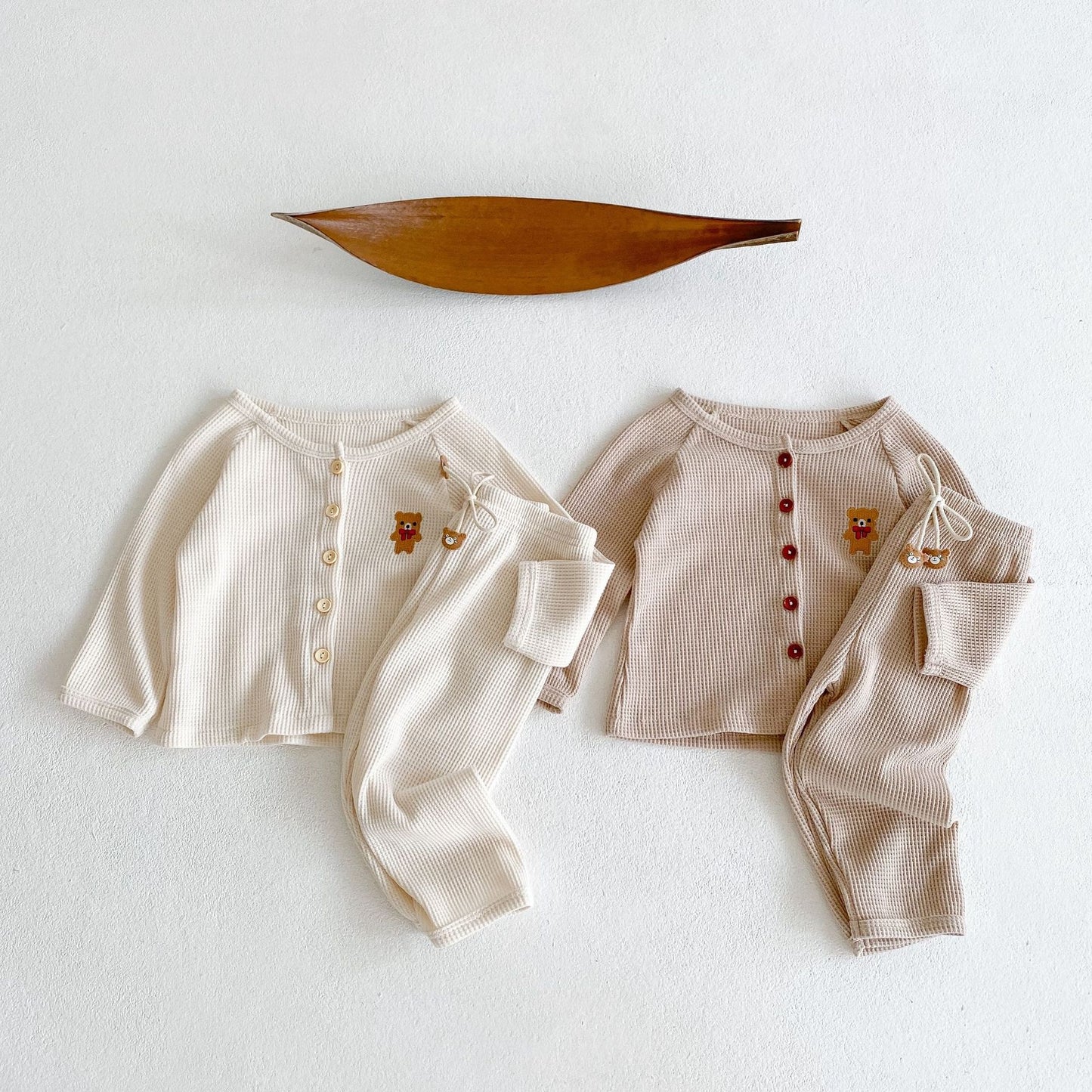 Teddy Bear Embroidered Two Piece Set - Latte