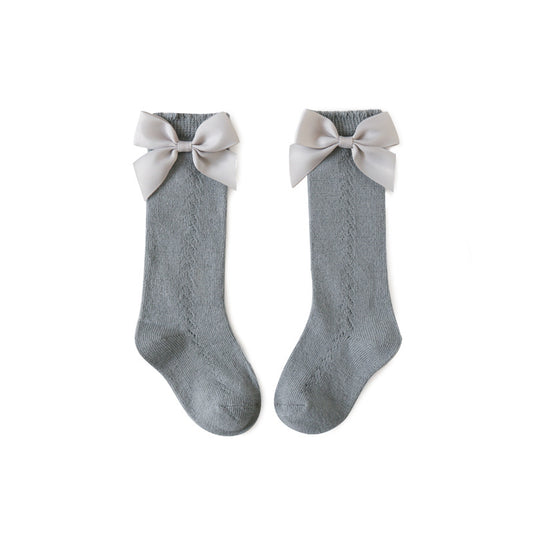 Knee High Pointelle Bow Socks - Grey