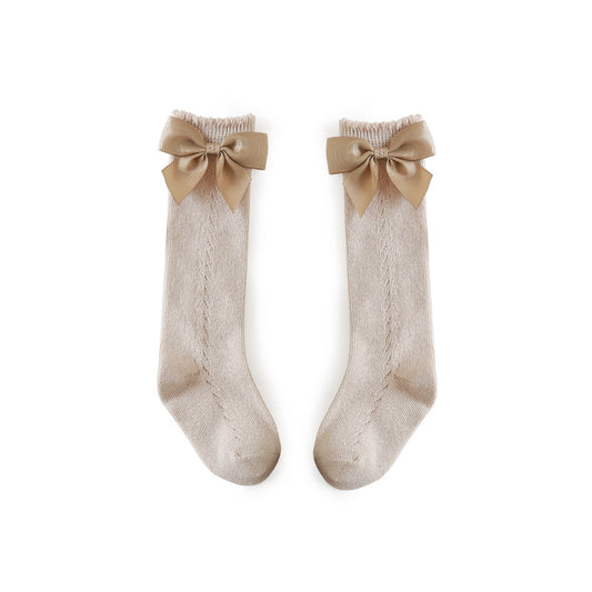 Knee High Pointelle Bow Socks - Beige
