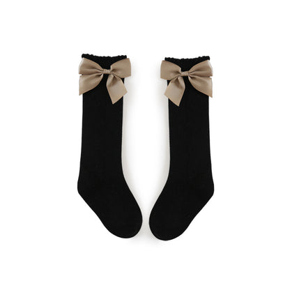 Knee High Pointelle Bow Socks - Black
