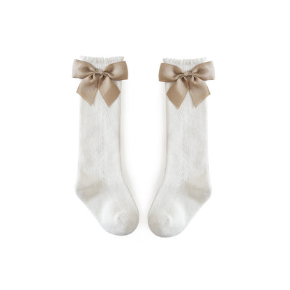 Knee High Pointelle Bow Socks - White