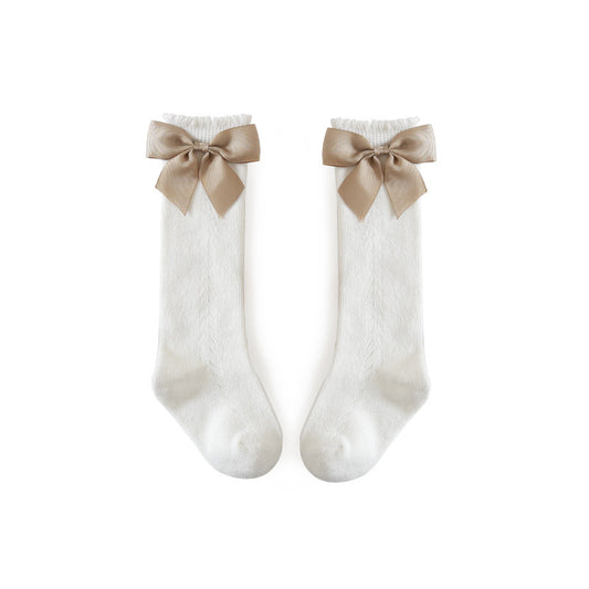 Knee High Pointelle Bow Socks - White