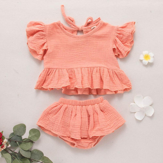 Ruffled Liya Cotton Muslin Set - Coral