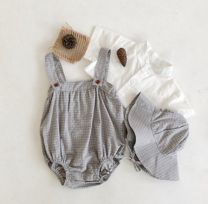 Oliver Romper and Sunhat Set - Grey with white check
