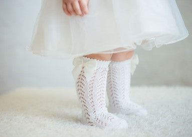 Bow Knee High Crochet Socks - White