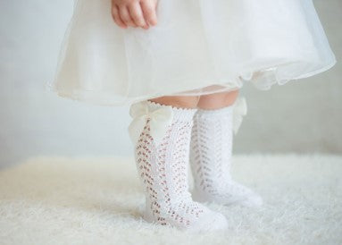 Bow Knee High Crochet Socks - Beige