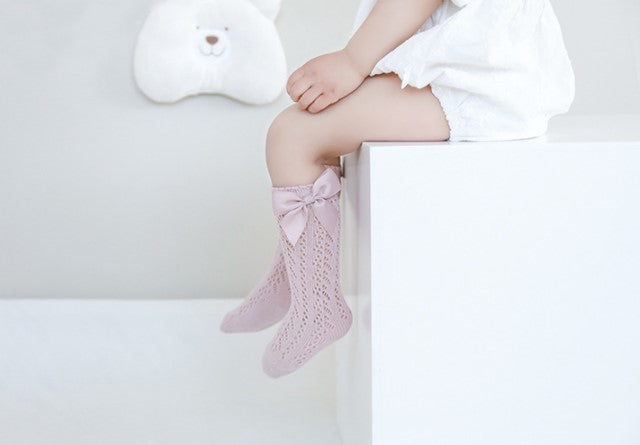 Summer Bow Knee High Crochet Socks - Blush