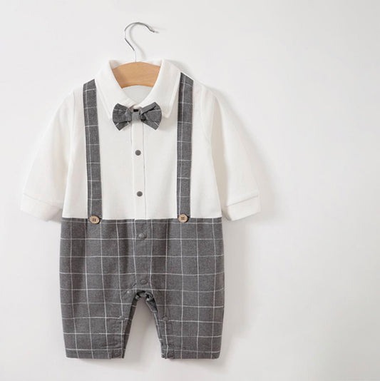Long Sleeved Checkered Suspender Romper - Grey