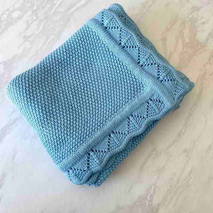 Scalloped Edge Knitted Blanket - Sky Blue