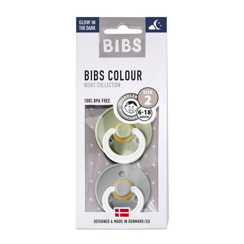BIBS Natural Latex Pacifier 2 Pack - Glow in the Dark Sage Night/Cloud Night Size 1