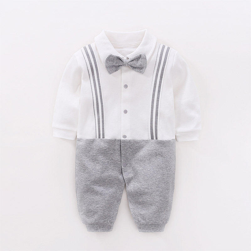 Long Sleeved Suspender Effect Romper - Grey and White